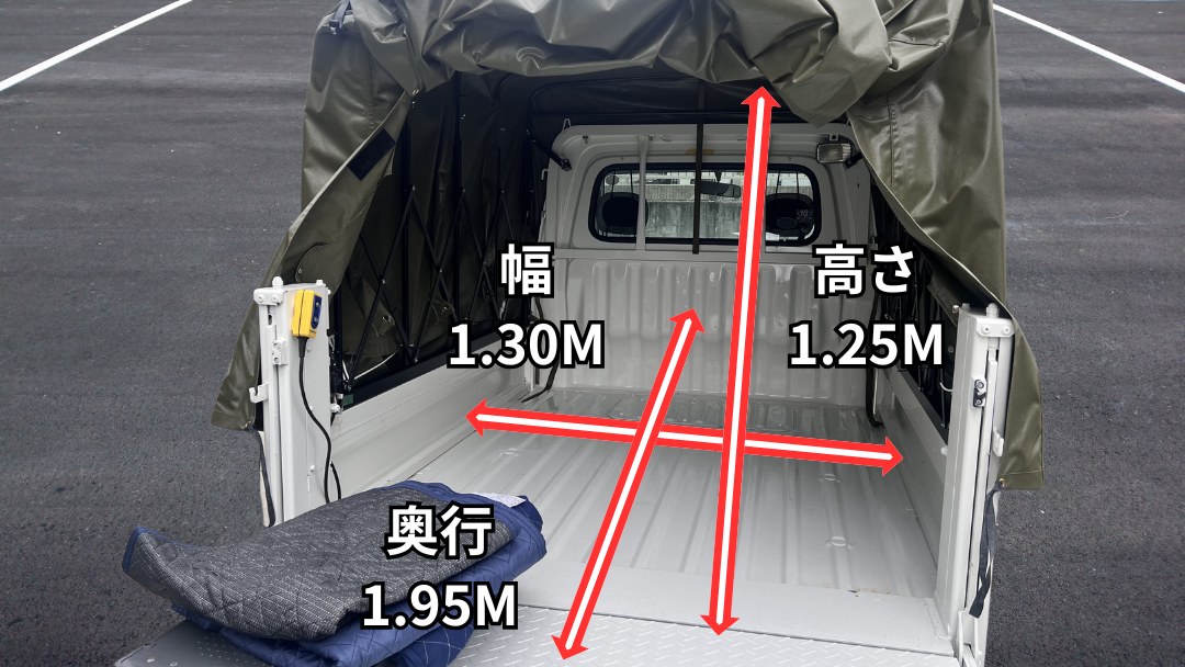 軽トラックの荷台。幅1.30メートル、奥行1.95メートル、高さ1.25メートル