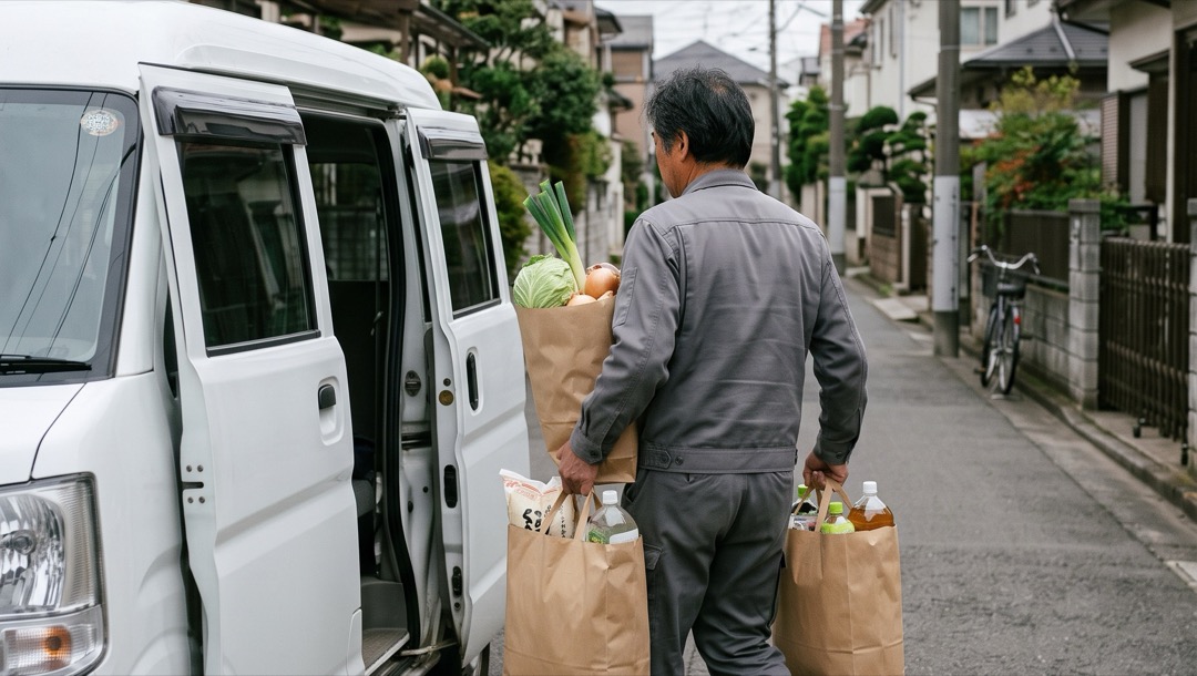 作業着の代表が、食料品の入った紙袋を軽バンへ運び入れているところ